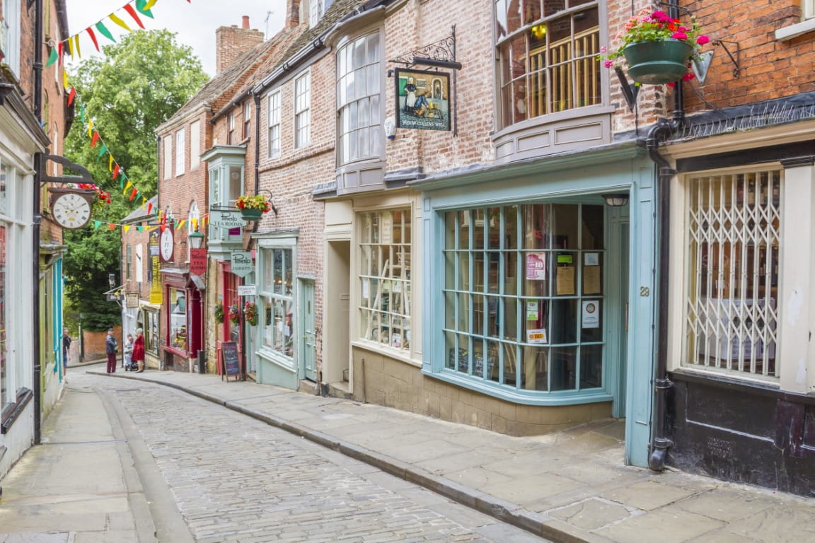 Boutique shops on Lincoln's Steep Hill.